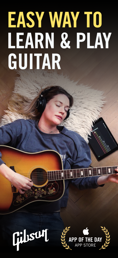 Gibson: Learn to Play Guitar - A woman lying down playing a Gibson acoustic guitar while using the guitar learning app on an iPad