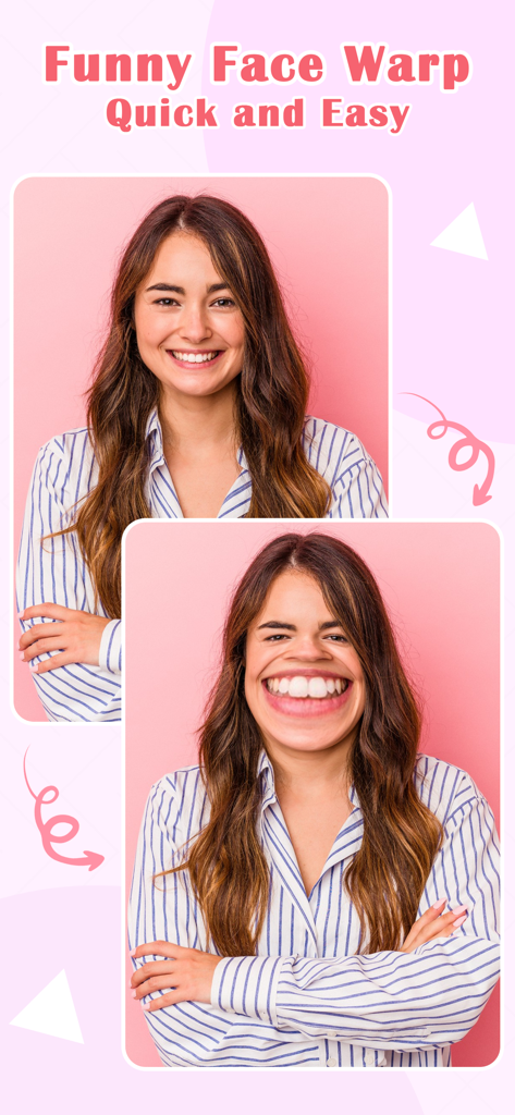Face Warp  Photo & Video Fun - Before and after comparison of a woman using a funny face warp filter