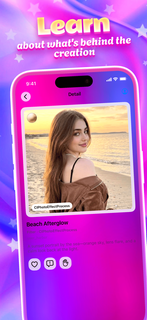 Interface do aplicativo Bovan exibindo uma tela de detalhes de fotografia com um retrato do pôr do sol e uma história descritiva sobre a imagem