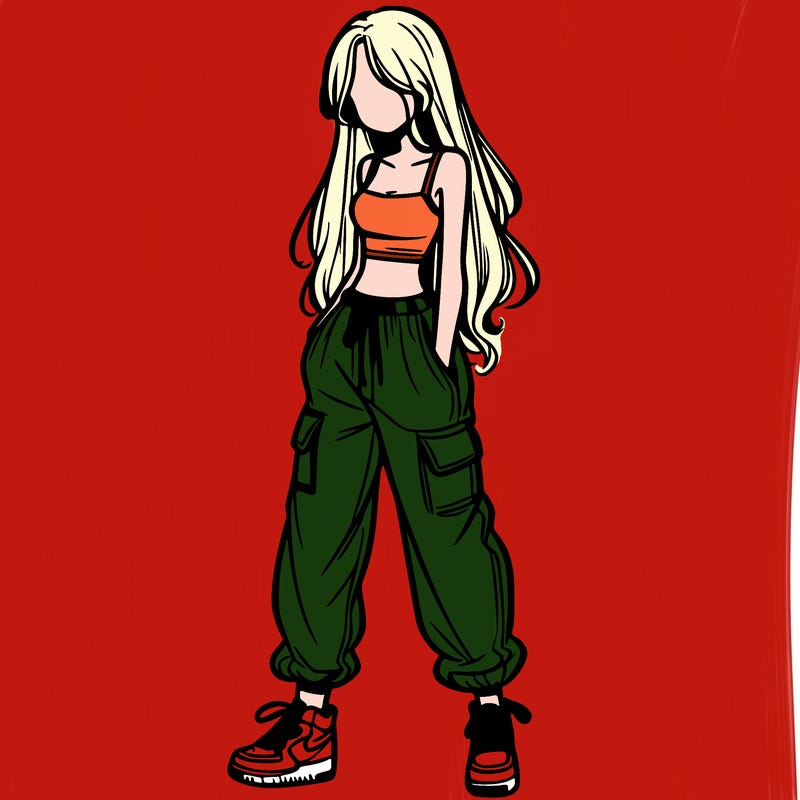 girl in baggy pants crop top and long hair