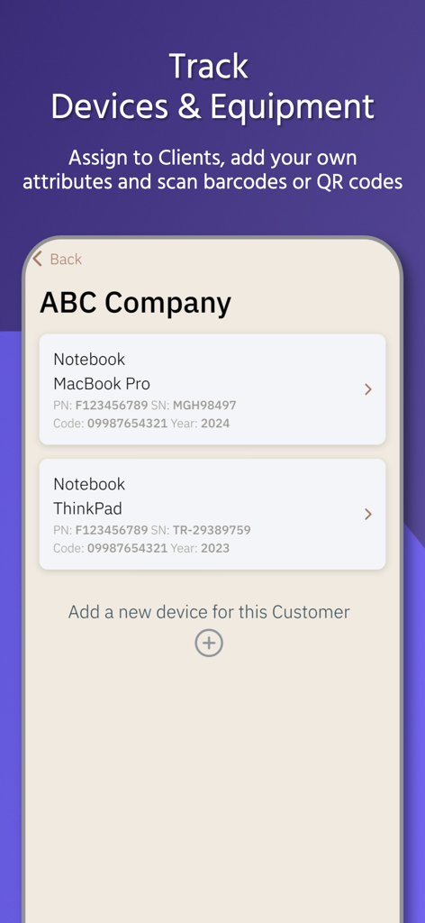 Mobile App-Bildschirm zur Verfolgung von Geräten und Ausrüstung, die Kunden zugewiesen sind, mit Seriennummern und QR-Code-Unterstützung