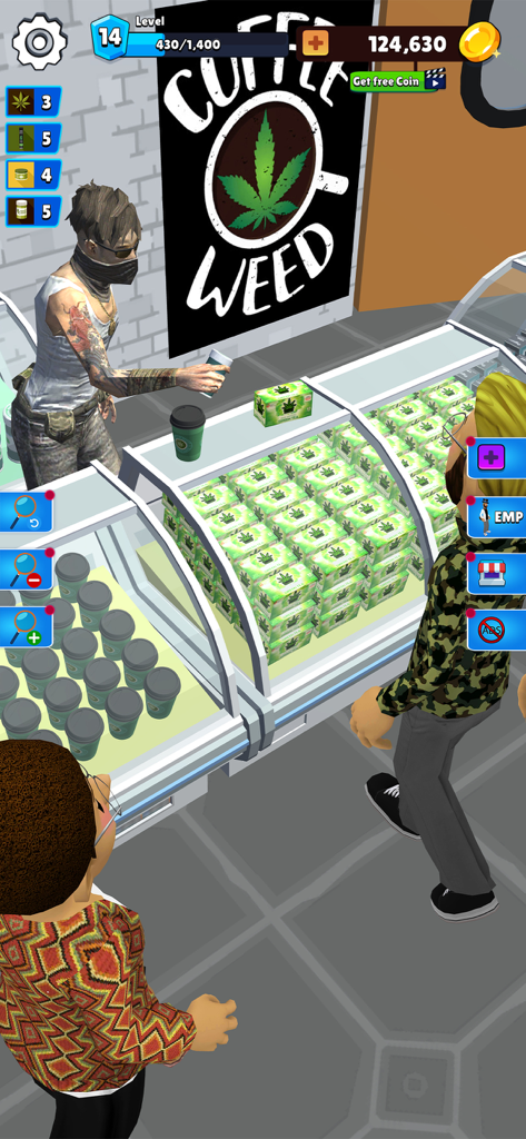 Weed Farm: Drug Dealer Games - Ein Charakter verwaltet einen Cannabis-Dispensary im Weed Farm Drug Dealer Simulator-Spiel