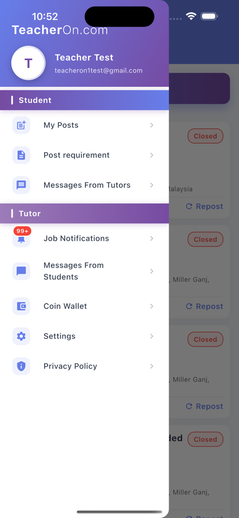 TeacherOn - Side menu of the TeacherOn app showing navigation options for both students and tutors