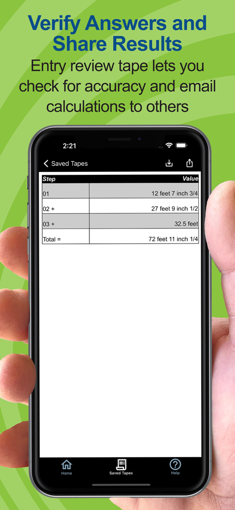 Review tape in the Concrete Calc Pro app showing saved dimensional calculations in feet and inches.