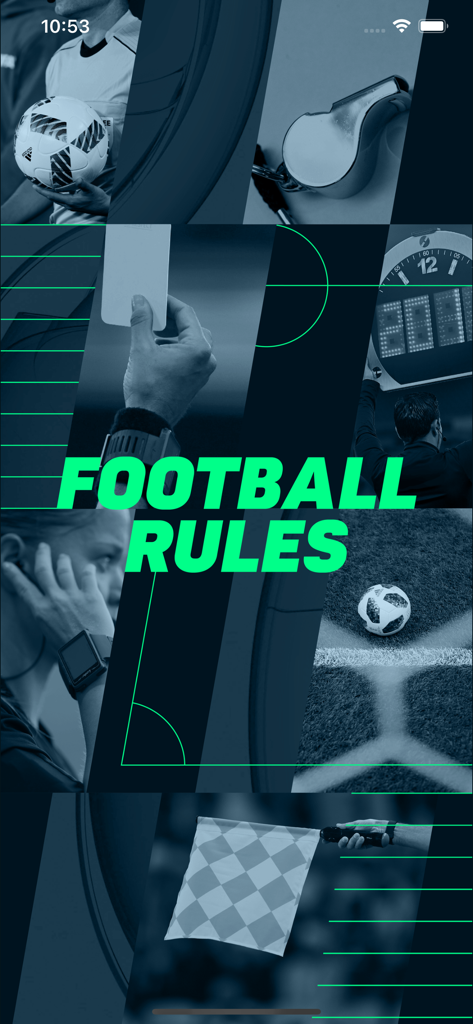 Football Rules by The IFAB - Intro screen for the Football Rules by The IFAB app featuring soccer referee equipment and the title in green text