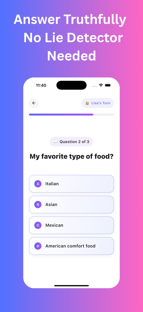 BFF Test Echte Freunde Mobile App-Quiz-Bildschirm mit einer Frage zum Lieblingsessen.