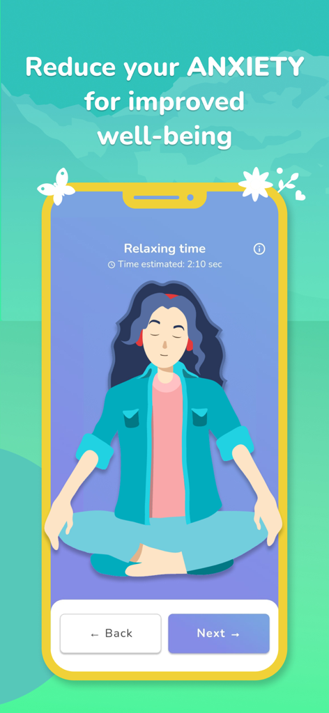 Airyn, the asthma app - Airlyn app screen for anxiety reduction featuring a woman in a meditation pose