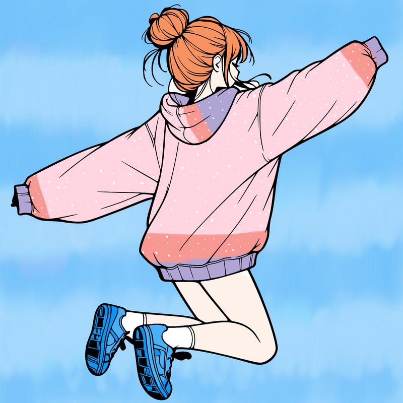 realistic girl jumping with a bun and oversized sweatshirt