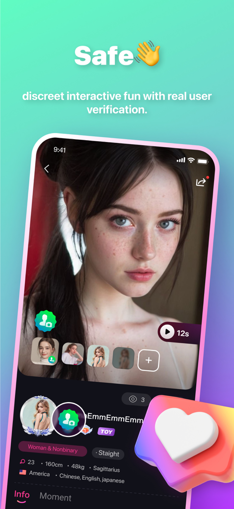 Smartphone screen of Tophy dating app showing a verified user profile and the text Safe with real user verification.