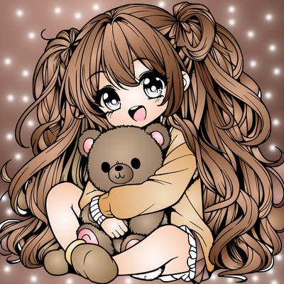 manga girl, long curly hair, happy, cuddling a teddy bear