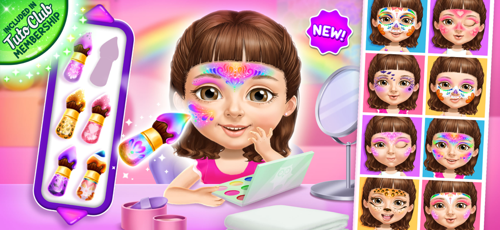 Sweet Olivia character with colorful face paint and various creative makeup designs