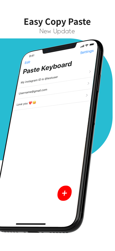 Paste Keyboard - iPhone display showing Paste Keyboard app with a list of saved phrases for quick messaging.