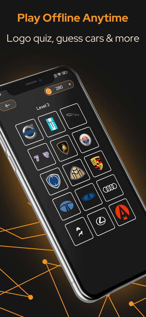 Gameplay do aplicativo móvel Car Quiz mostrando a identificação do logo da marca de carro