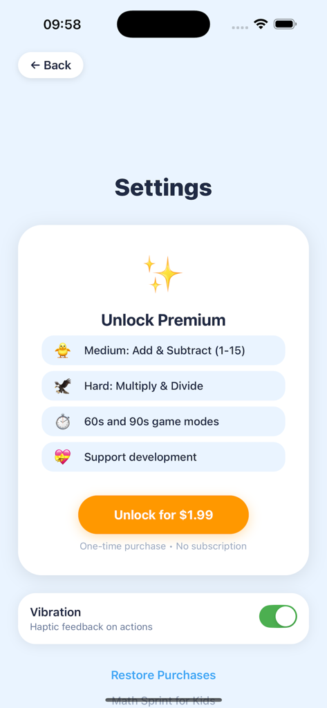 Math Sprint Arithmetic - Settings screen of the Math Sprint Arithmetic app showing an unlock premium option for advanced levels and game modes