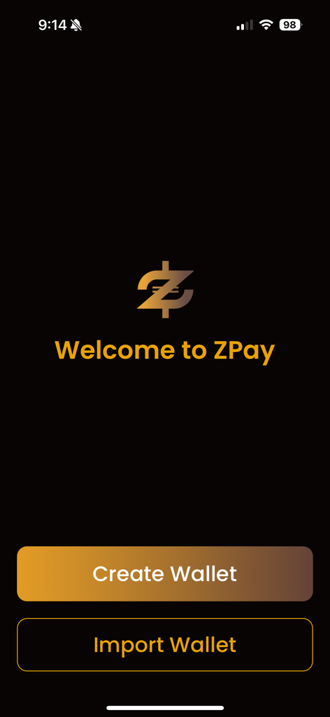 ZPay app welcome screen with buttons to create or import a crypto wallet on the ZERA Network