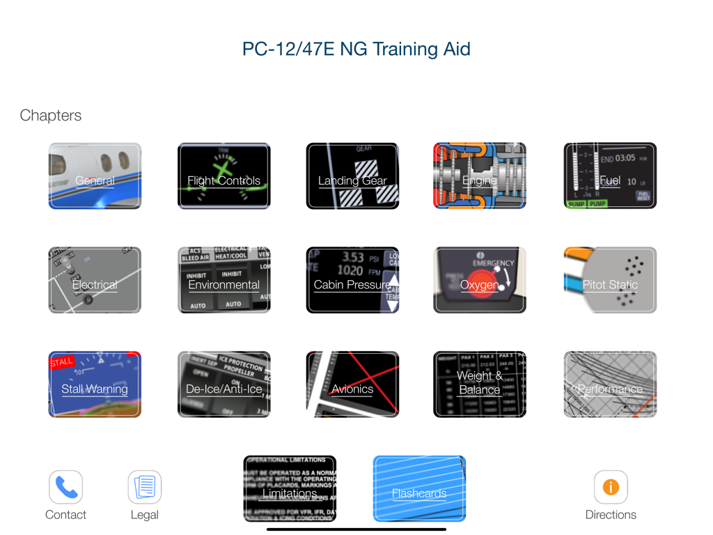 Pilatus PC-12 NG Training Aid - Main menu of the Pilatus PC-12 NG Training Aid app showing interactive aircraft system chapters.