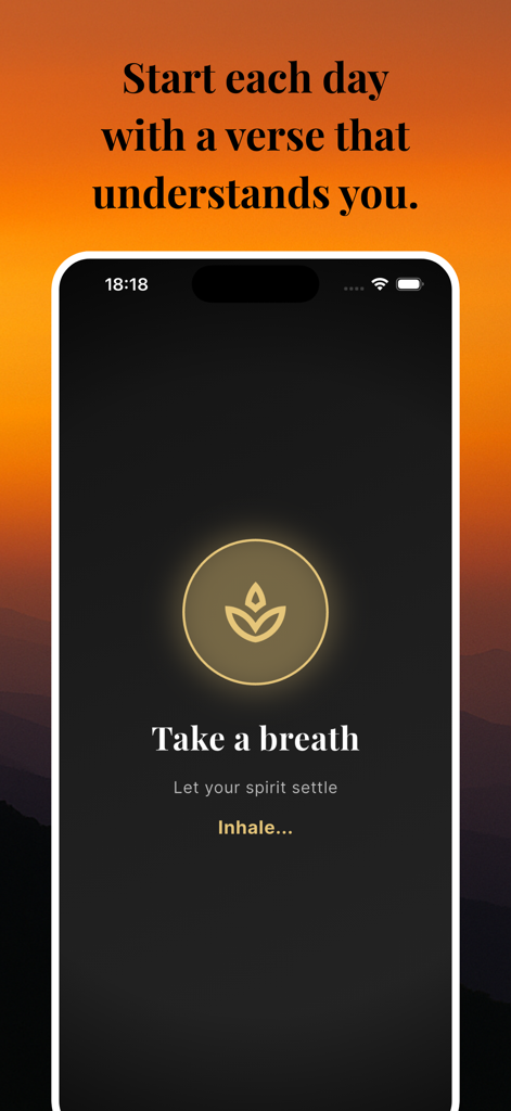 Genesis: The Bible Journal App - Una schermata di mindfulness dell'app Genesi per il diario biblico che mostra un esercizio di respirazione guidata con uno sfondo di tramonto.
