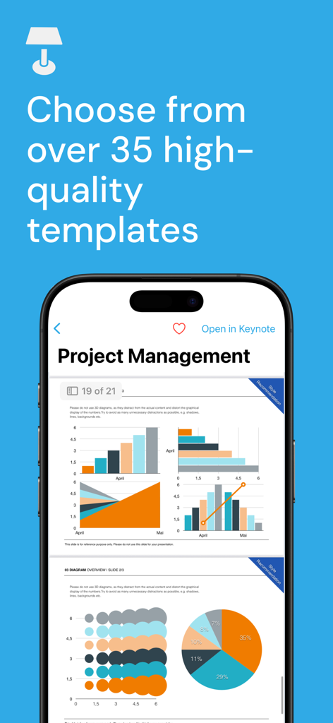 Templates for Keynote Pro - A smartphone displaying professional project management templates for Keynote with data charts and graphs.