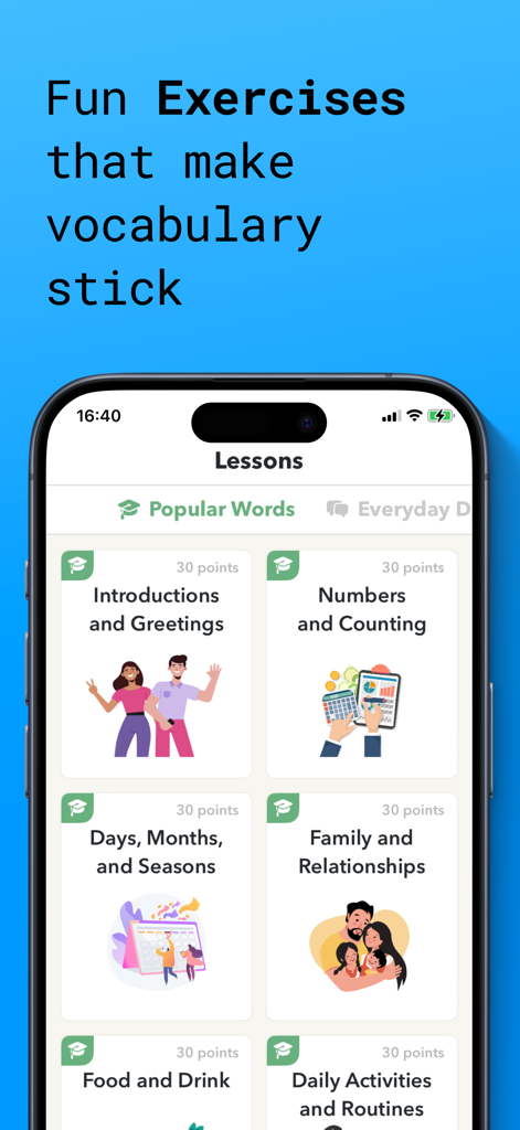 Lingo Books: Spanish Learning - A mobile screen from the Lingo Books app showing various Spanish vocabulary lesson categories including Greetings, Numbers, and Family.