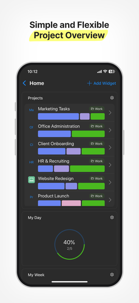 Tela inicial do aplicativo Zenkit exibindo uma lista de projetos e um widget de rastreamento de progresso diário.