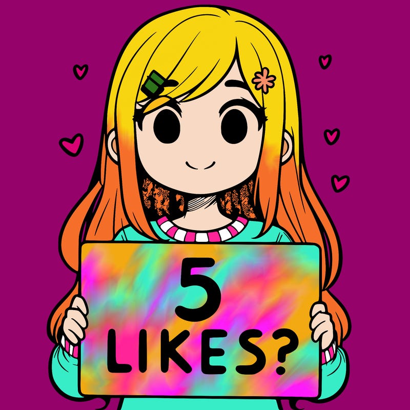 girl holding a sign that says 5 likes?