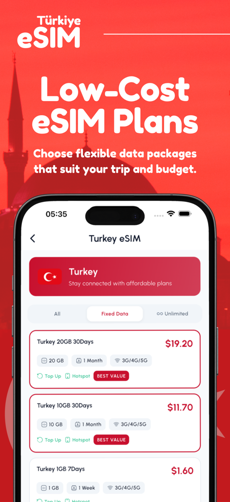 Interface do aplicativo eSIM Turquia exibindo vários pacotes de dados de viagem de baixo custo para turistas.