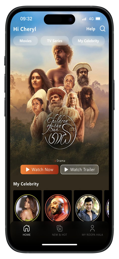 Home screen of the Roopa Hala app on an iPhone featuring Sinhala movies TV series and celebrity sections