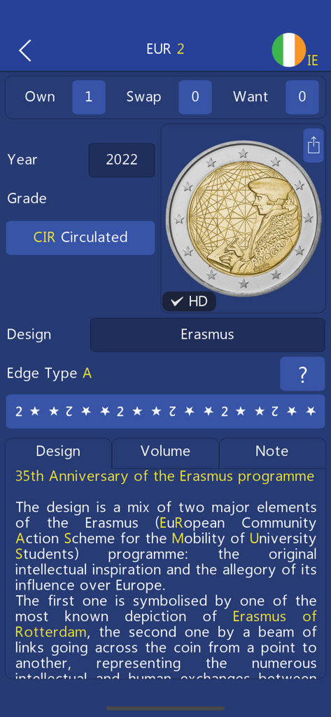 Interfaz de aplicación móvil mostrando información detallada y contexto histórico para una moneda de 2 Euros Erasmus irlandesa.