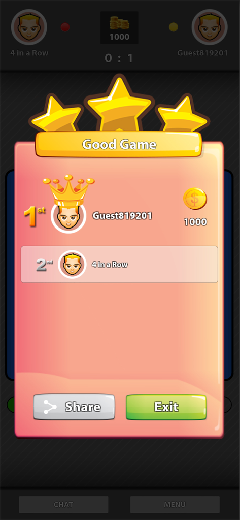 Pantalla de resultados del juego de Conecta Cuatro Online que muestra al ganador con una corona y monedas de recompensa