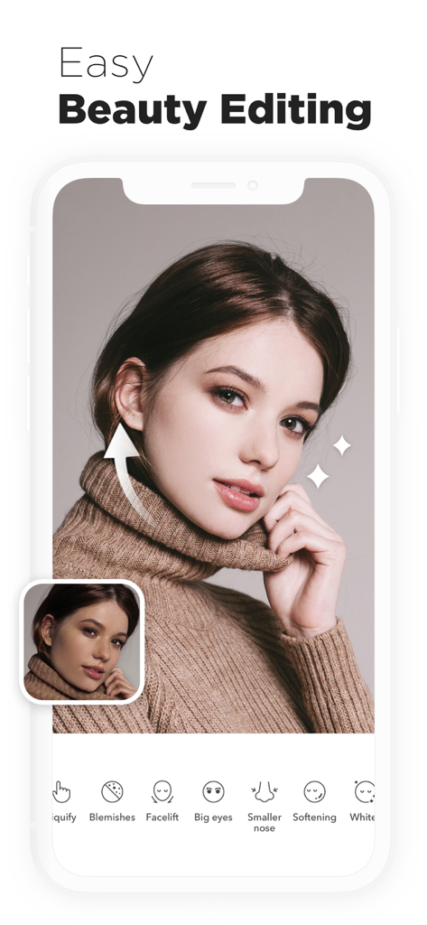 Candy Camera - Candy Camera app interface showing beauty editing tools like facelift and skin softening on a selfie