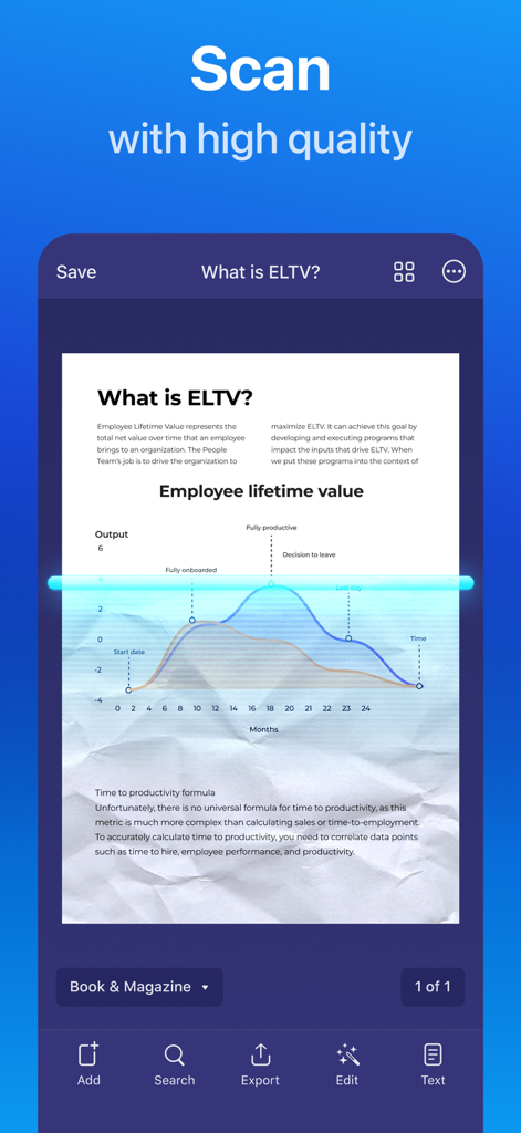 Scanner Pro mobile app interface showing a high quality scan of a printed document with a blue light scanning animation