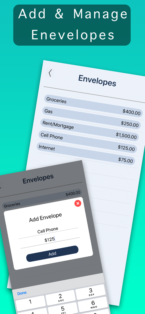 Simple Budget Planner Deluxe - A screenshot of the Simple Budget Planner Deluxe app showing the manual envelope system for tracking expenses like groceries and rent
