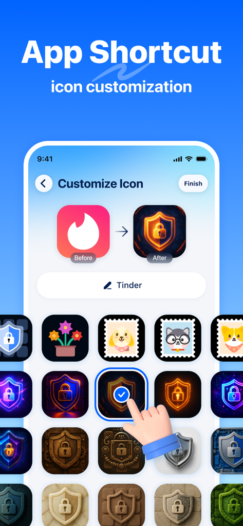 Schermata dell'iPhone che dimostra come cambiare l'icona dell'app Tinder in un'icona di scudo discreta per la privacy