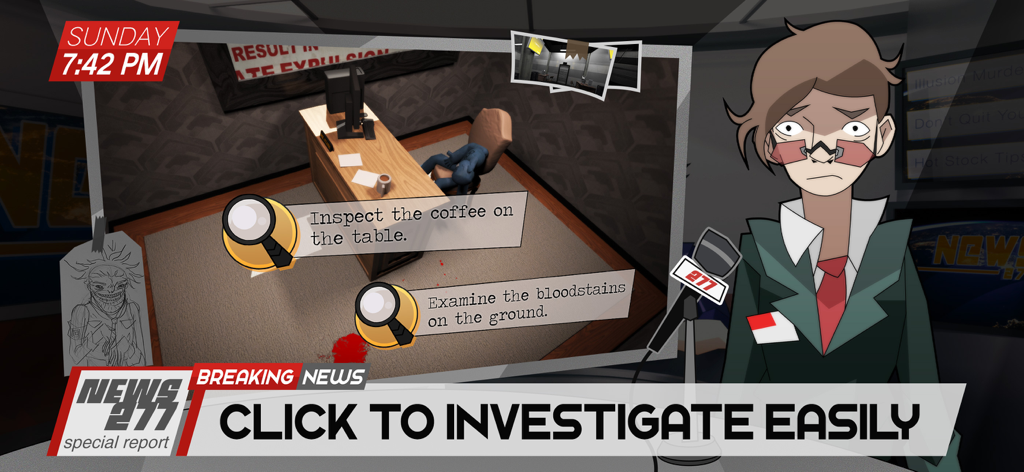 Methods: Detective Competition - A detective investigating a crime scene in the Methods Detective Competition visual novel showing interactive inspection points