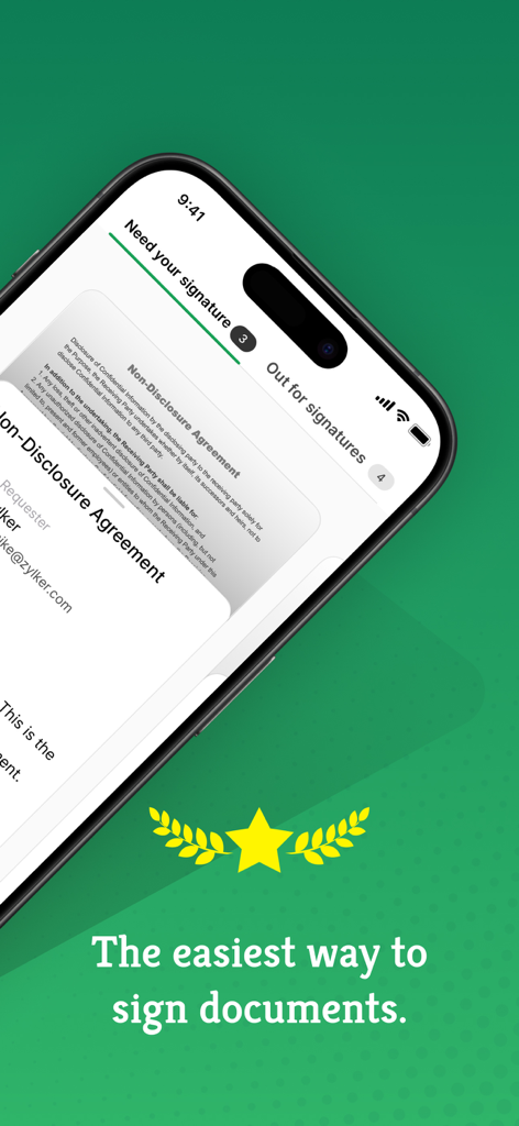 Zoho Sign app interface on iPhone showing an electronic non-disclosure agreement ready for signing.