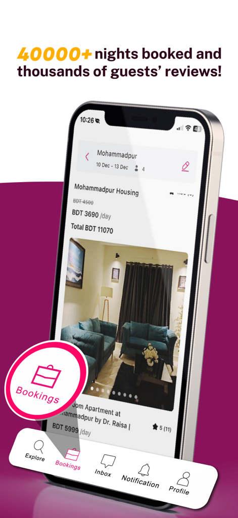 Travela - Travela mobile app screen showing a host family accommodation listing with booking details and pricing