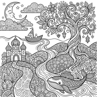 Dive into a whimsical world with this intricate dreamscapes coloring page designed for adults. Explore a surreal landscape filled with mystical elements, from a sleeping moon to an enchanted tree and a grand whale.
