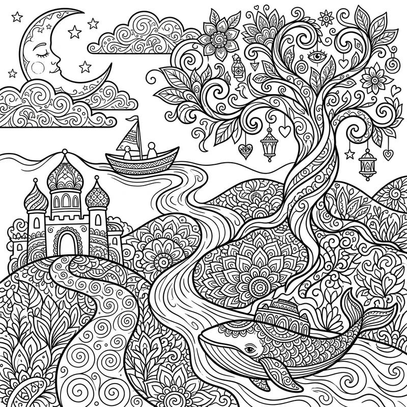 Dive into a whimsical world with this intricate dreamscapes coloring page designed for adults. Explore a surreal landscape filled with mystical elements, from a sleeping moon to an enchanted tree and a grand whale.