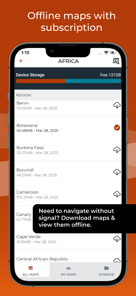 iOverlander 2 app screen showing a list of countries in Africa available for offline map download with a subscription.