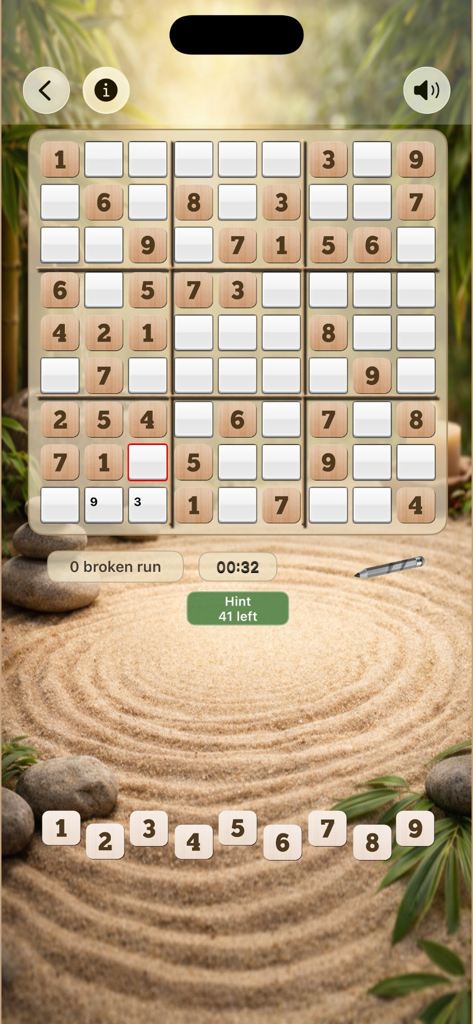 Sudoku Zen - Number Puzzle - Una cuadrícula de rompecabezas de Sudoku con fichas de madera sobre un calmante fondo de jardín de arena zen.