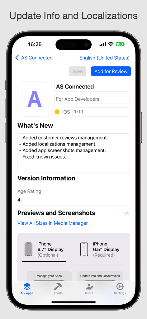 Connected - For App Developers - Interface of the Connected app showing options to update app information, release notes, and screenshots for an iOS app