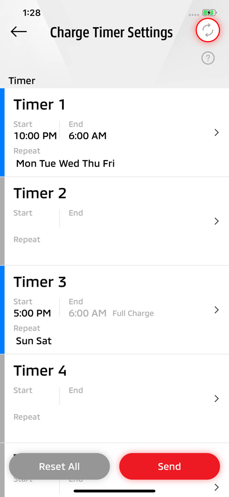 OUTLANDER PHEV Remote Ctrl - Interface pour définir plusieurs calendriers de recharge de véhicule dans l'application Mitsubishi Outlander PHEV Remote Control