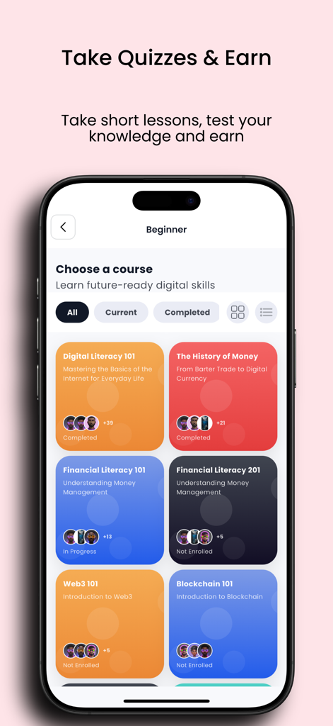 LearnWay: Learn and Earn - LearnWayアプリのインターフェース。デジタルリテラシー、Web3、金融リテラシーなど、報酬を獲得するための利用可能なコースが表示されています。