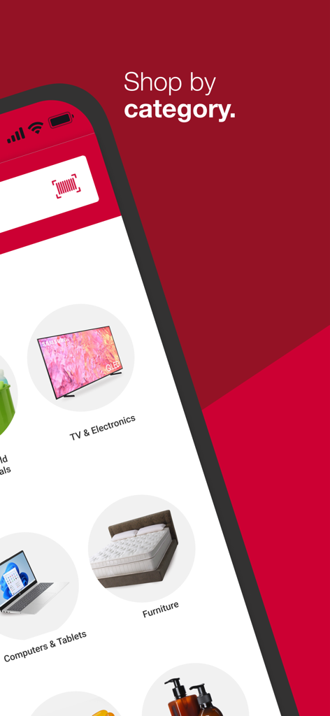 BJs Wholesale Club - Benutzeroberfläche der mobilen App BJ's Wholesale Club mit dem Menü 'Nach Kategorie einkaufen' und Symbolen für Elektronik, Möbel und Computer.