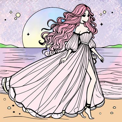 beautiful woman with a vaporous long dress walking on the beach at the noon, detailed art