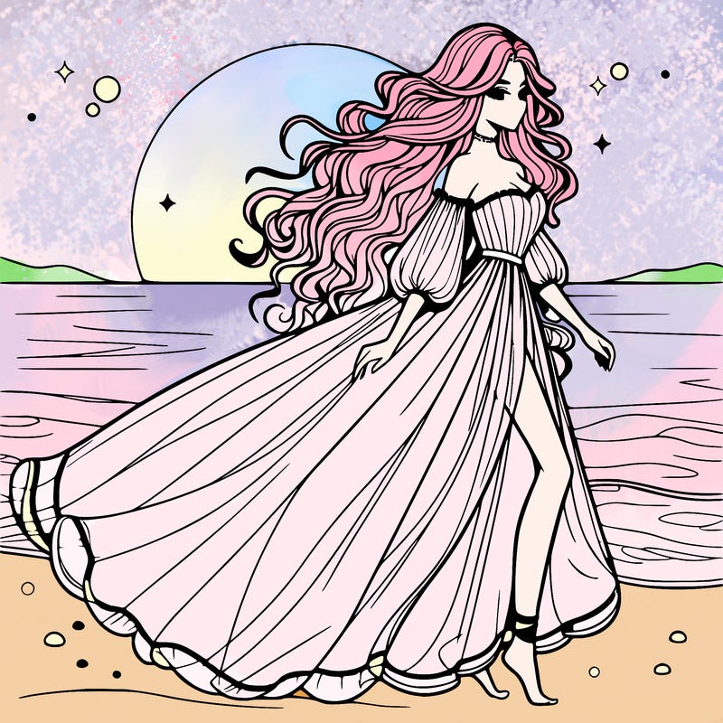 beautiful woman with a vaporous long dress walking on the beach at the noon, detailed art