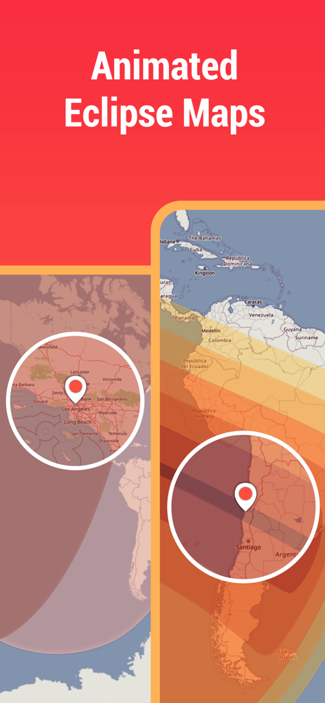 Eclipse Guide：September 2025 - A screenshot of the Eclipse Guide app showing animated eclipse visibility maps for North and South America