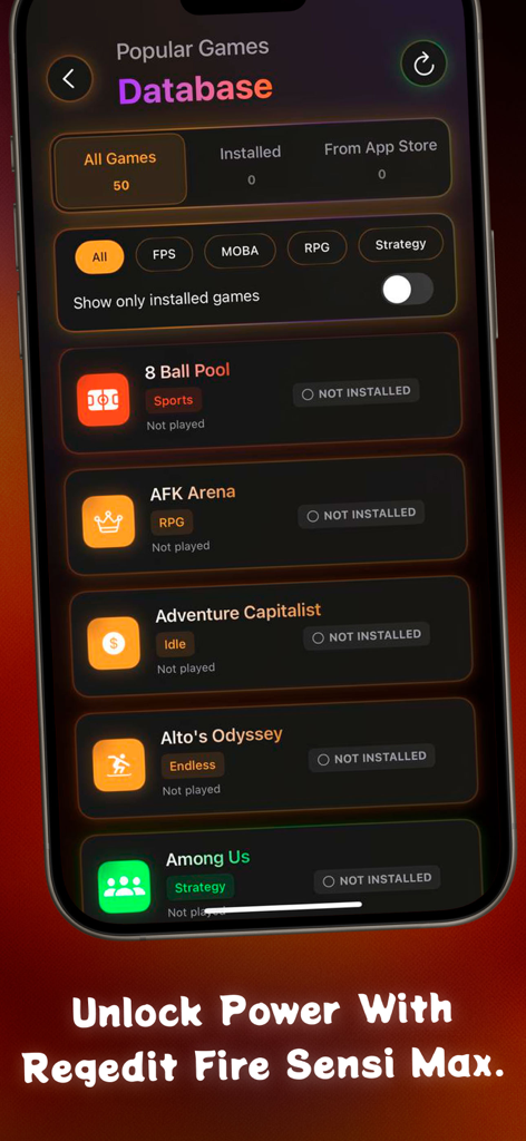 Base de données des jeux populaires dans l'application GFX Pro avec des filtres de catégorie et une liste de jeux.