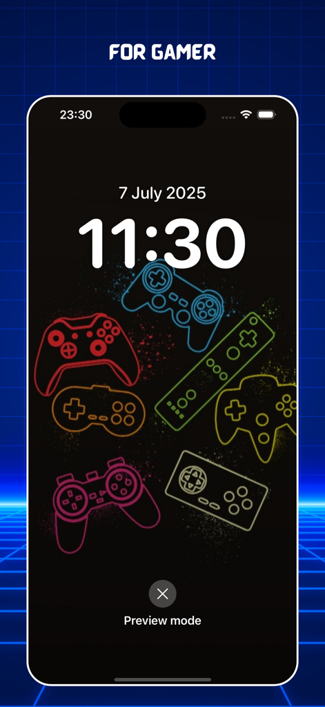 Gaming Wallpapers 4K Live - Vista previa de la pantalla de bloqueo del iPhone con contornos de controladores de juegos de neón sobre un fondo oscuro