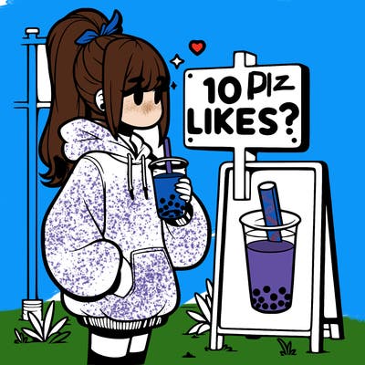 girl with oversized hoodie drinking boba and she has a high ponytail with a sign that says 10likes?